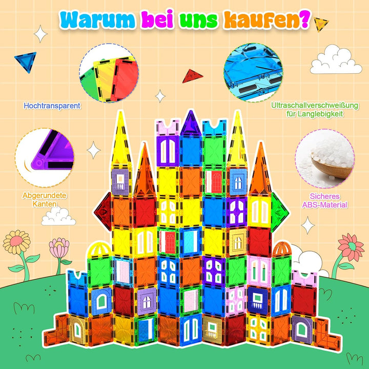 Magnetische Bausteine 123 Teile - Magnetbausteine für Kinder ab 3 4 5 6 7 8 9 Jahren, Magnetische Fl
