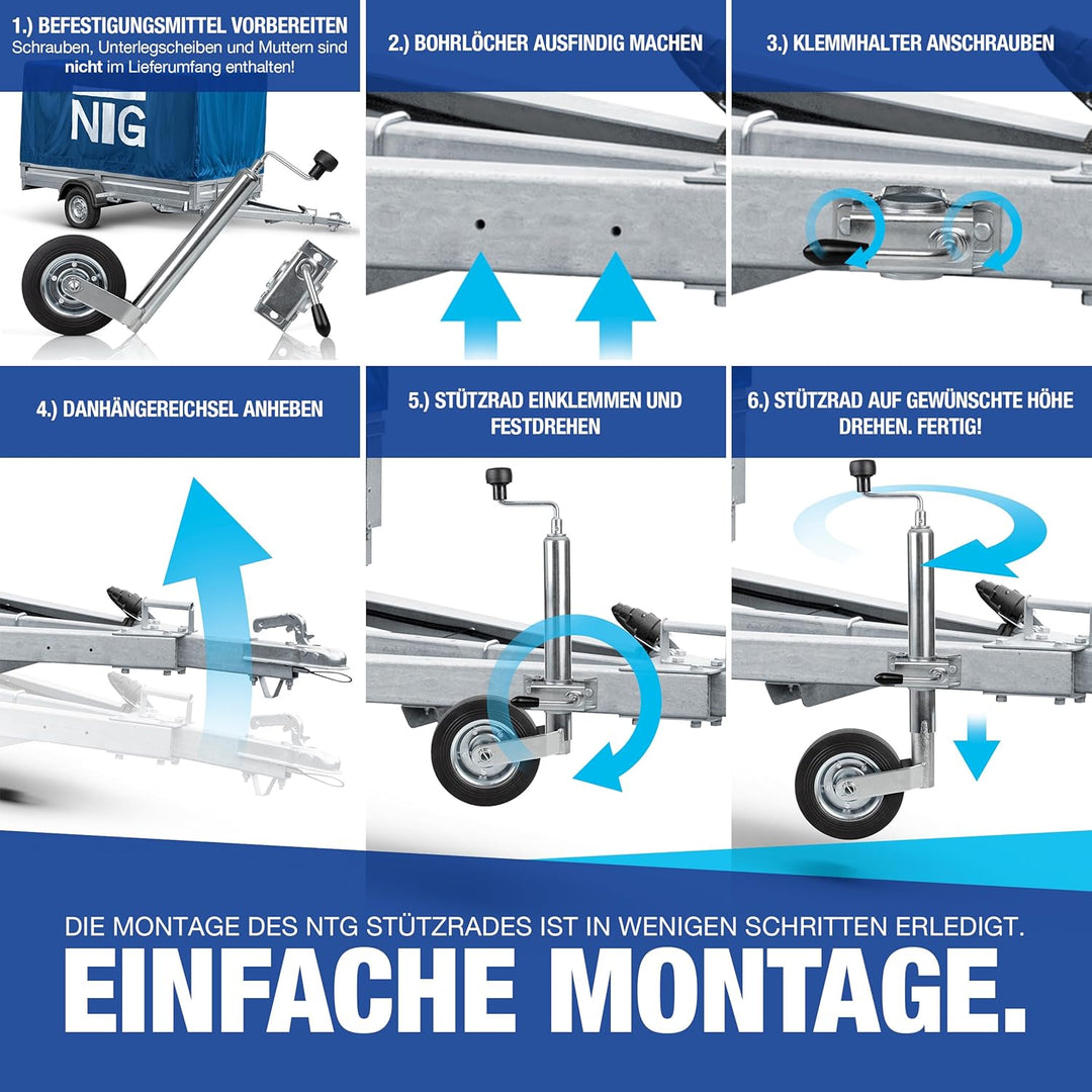 NTG Stützrad für Anhänger | Vollgummireifen | 150kg Stützlast | 46 bis 68 cm höhe | verzinkter Stahl