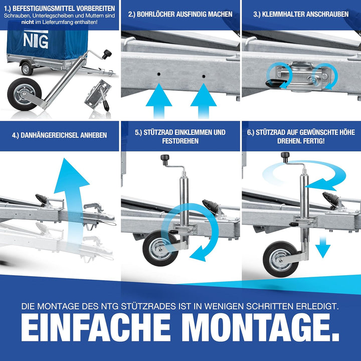 NTG Stützrad für Anhänger | Vollgummireifen | 150kg Stützlast | 46 bis 68 cm höhe | verzinkter Stahl