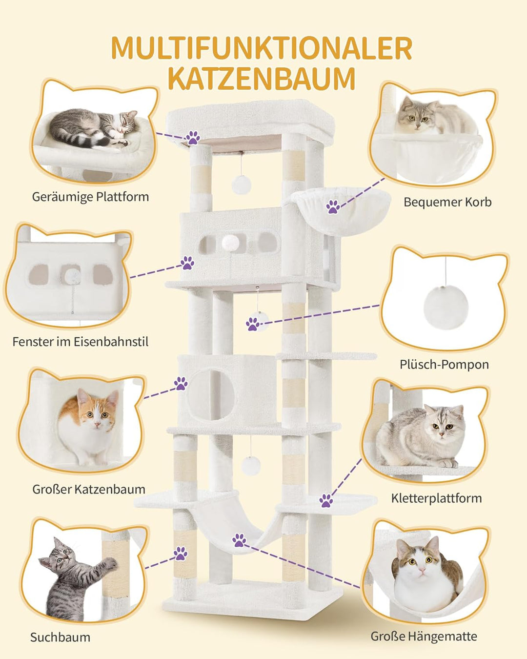 Hzuaneri Kratzbaum gross, 170 cm hoch, Katzenbaum, mit 8 Kratzbäume, 2 Höhlen, gross Plattformen, Wa