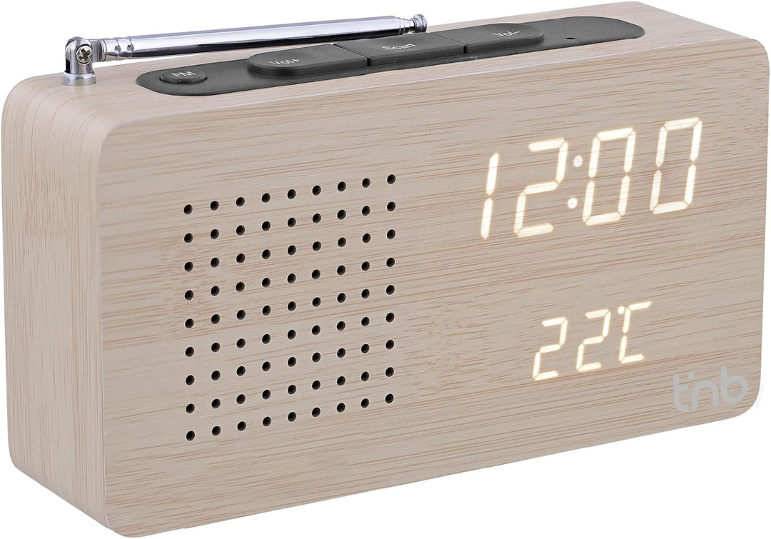 T'nB Woody Digitaler Radiowecker, 1 programmierbarer Alarm, FM-Radio mit automatischem Scan, Tempera