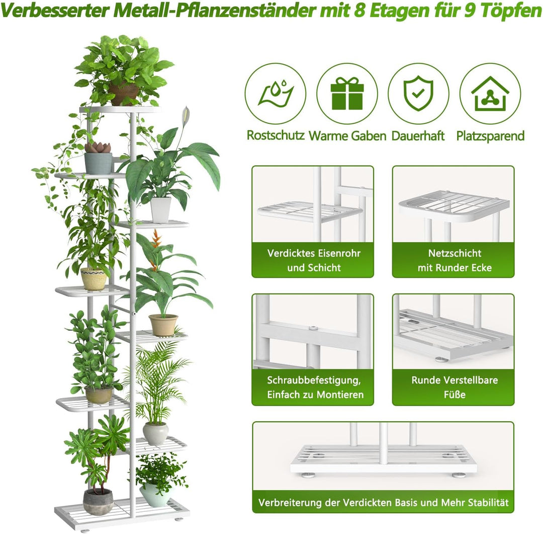 MAIJIAJU Blumenständer Metall (8 Etagen Weiss), 8 Etagen Weiss