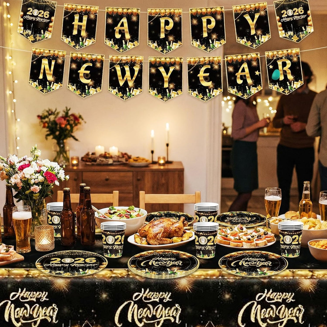 2026 Silvester Partygeschirr für 20 Gäste, 82 Stück Neujahr Partygeschirr mit Silvester Pappteller P
