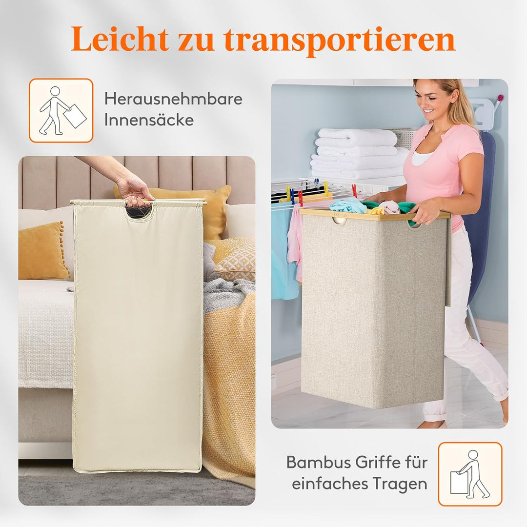 Lifewit 170L Bambus Wäschekorb mit Deckel, Faltbar Wäschesammler 3 Fächer Wäschesortierer mit Abnehm