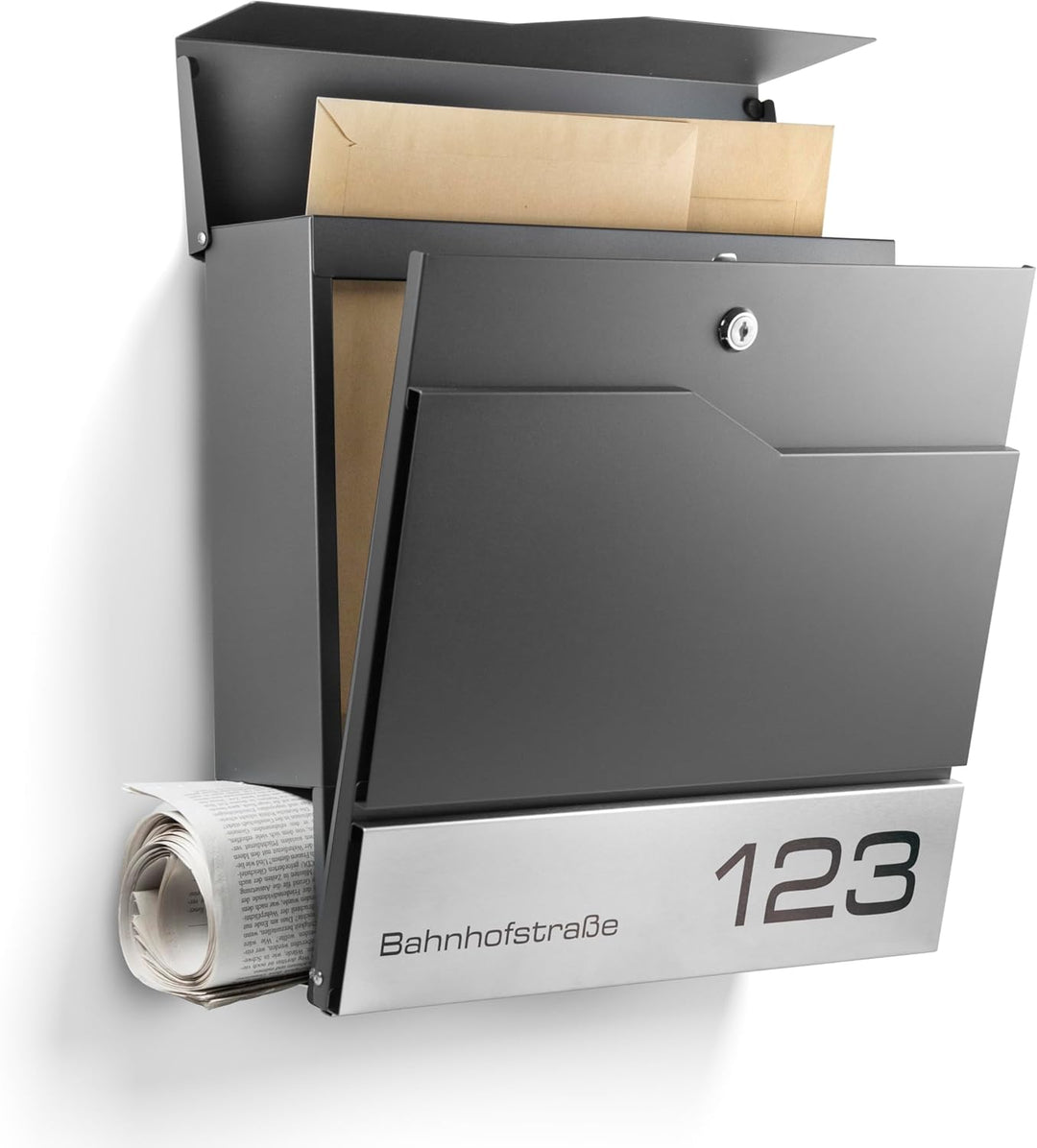 Moderner Briefkasten Personalisierbar Manhattan Anthrazit RAL7016 - mit Zeitungsfach - Wandbriefkast