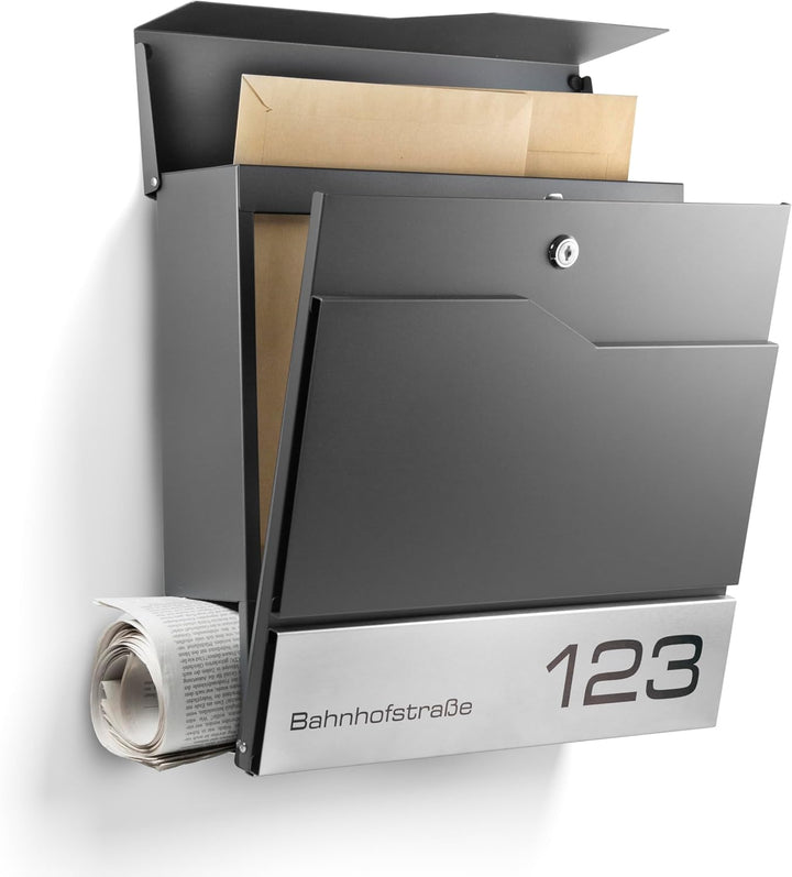Moderner Briefkasten Personalisierbar Manhattan Anthrazit RAL7016 - mit Zeitungsfach - Wandbriefkast
