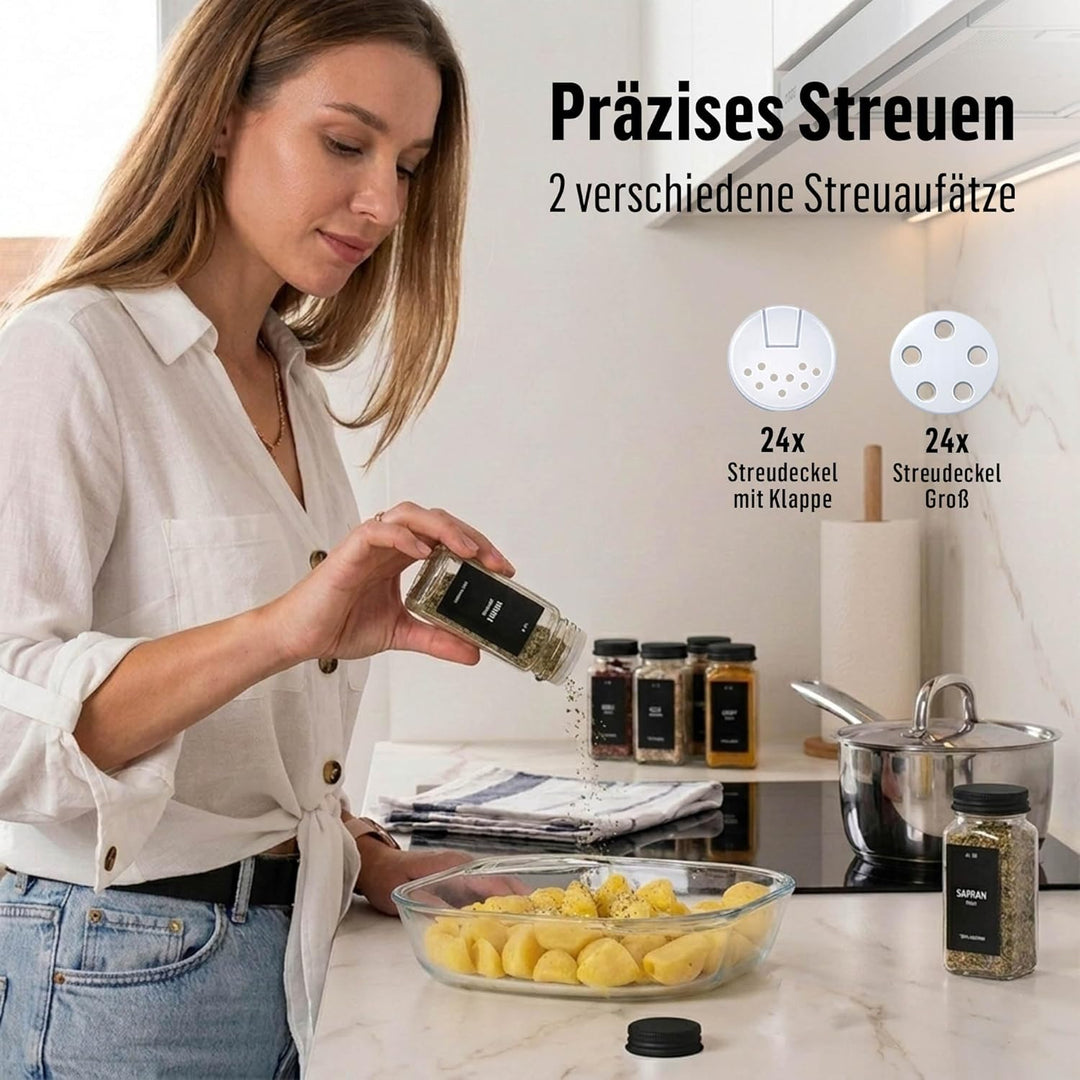 Deco haus® Gewürzgläser eckig mit Schraubkappe 24er Set [+Etiketten & Streueinsatz] - Gewürzdosen Se