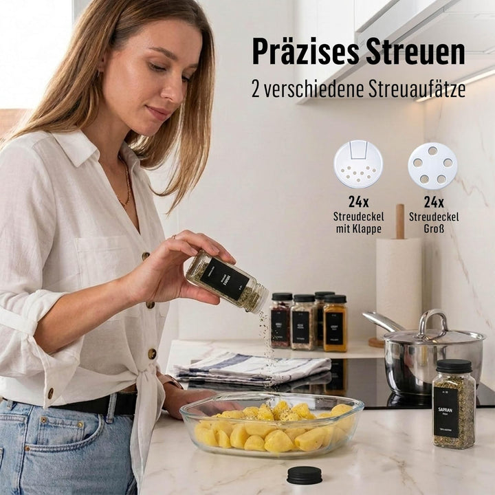 Deco haus® Gewürzgläser eckig mit Schraubkappe 24er Set [+Etiketten & Streueinsatz] - Gewürzdosen Se
