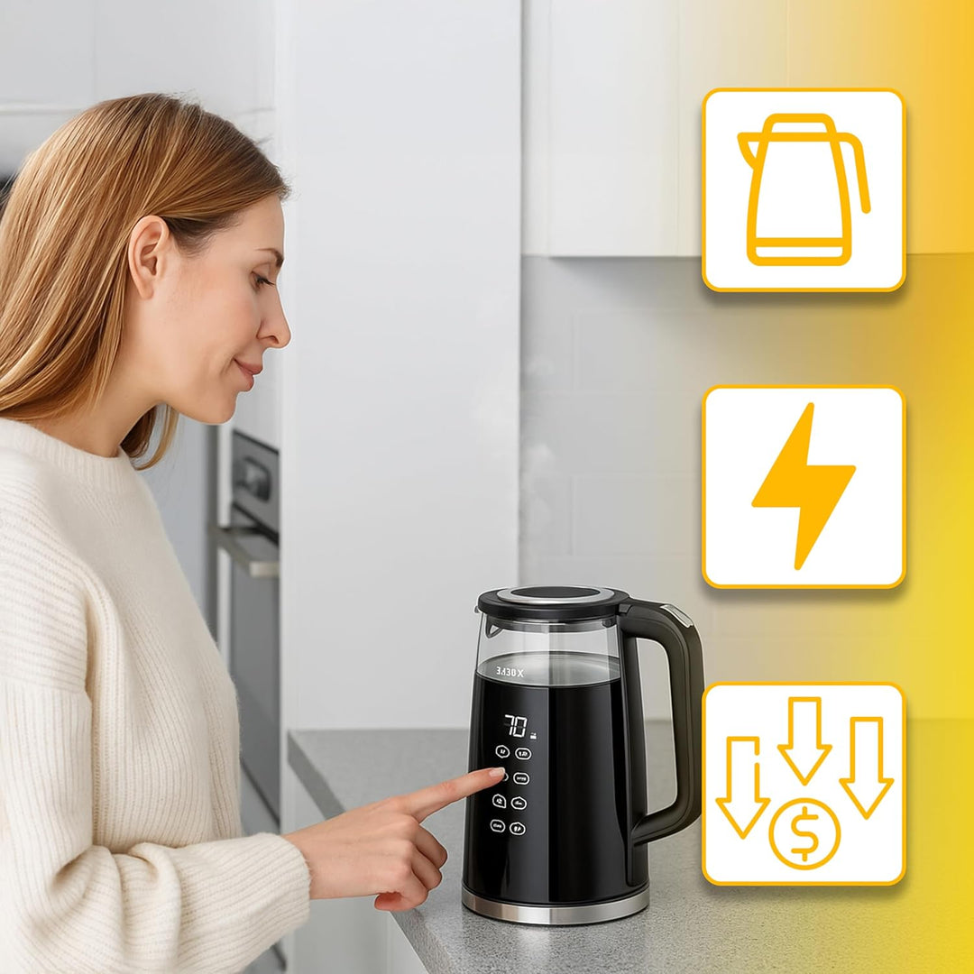 Retoo Glas Wasserkocher 1.7L mit Temperatureinstellung Elektrisch, 2200W, BPA-frei, 70–100°C, Touch-
