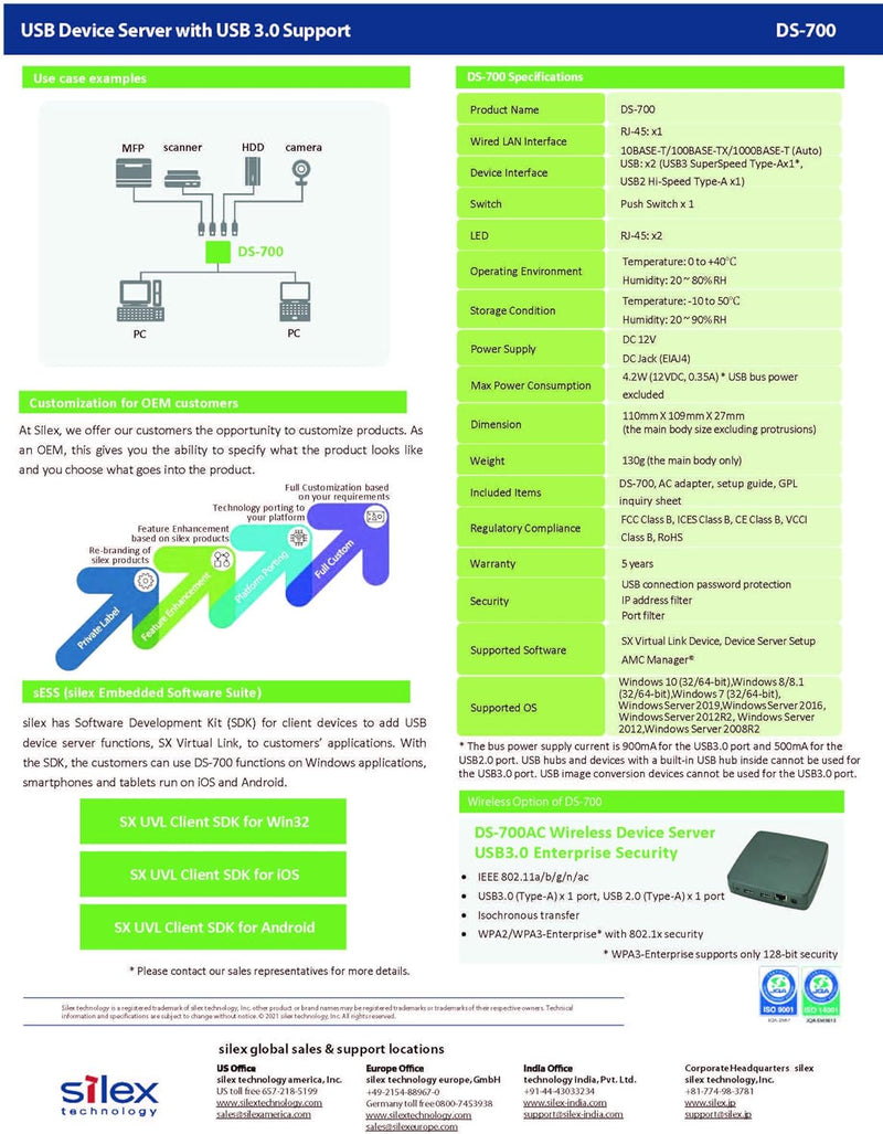 Silex Technology DS-700 Geräteserver USB 3.0 Device Server - Netzwerk USB-Server LAN (10/100/1000 MB
