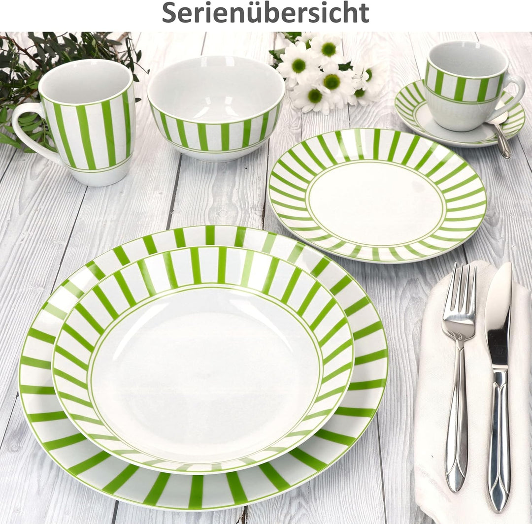MamboCat Split grün 6er Set Suppenteller I 450ml I weisses Porzellan-Geschirr mit Streifen für 6 Per