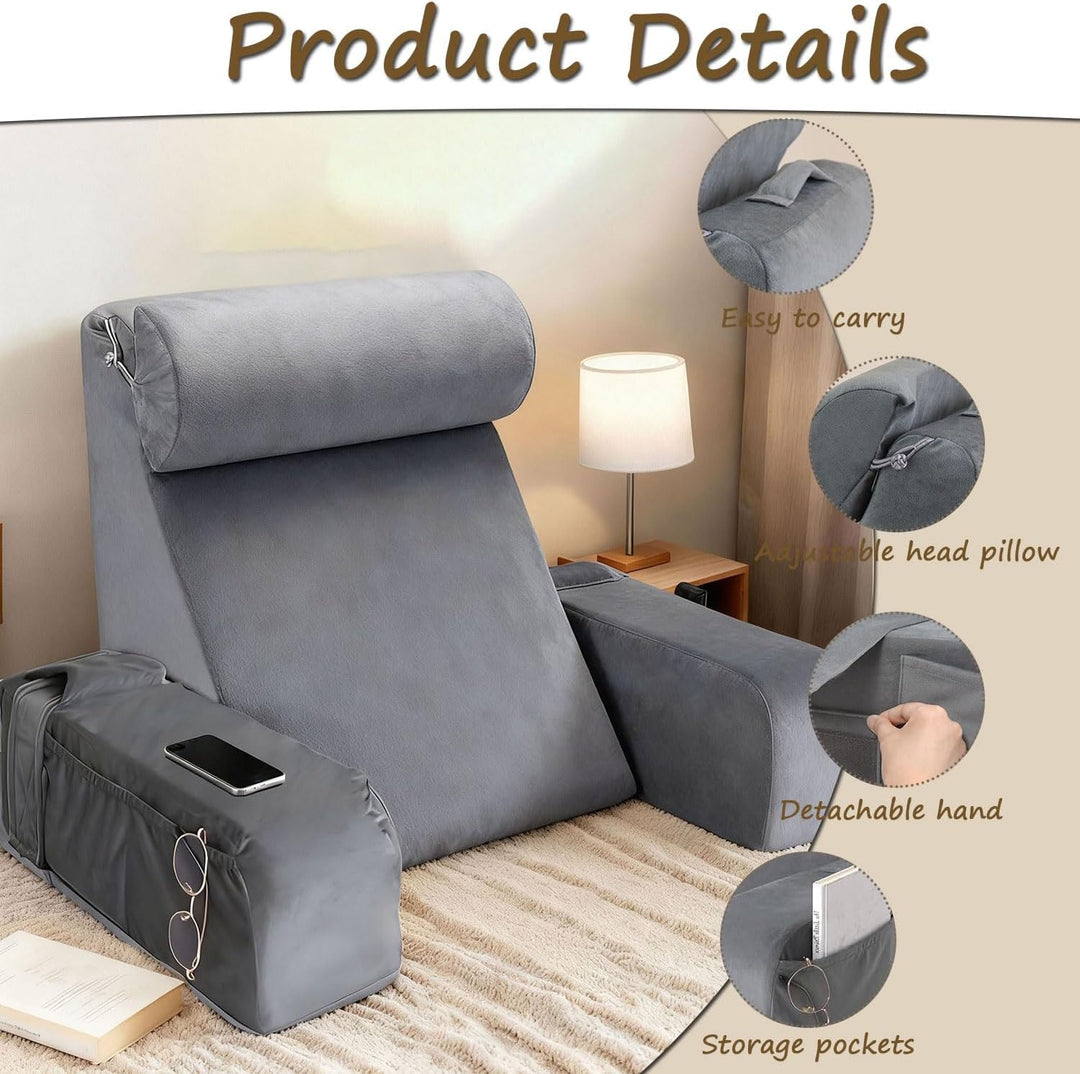 Gross lesekissen für Bett und Sofa, Erwachsene Rückenkissen Bett mit Nackenrolle &amp; Armlehnen, Ergono