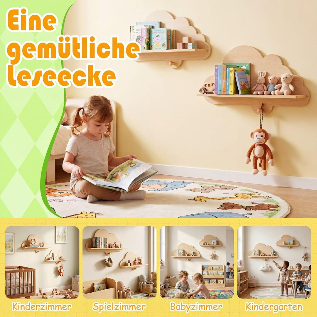 COSTWAY 2er Set Wandregal Kinder, Schweberegal im Wolkenform aus Massivholz, wandmontiertes Kinderre