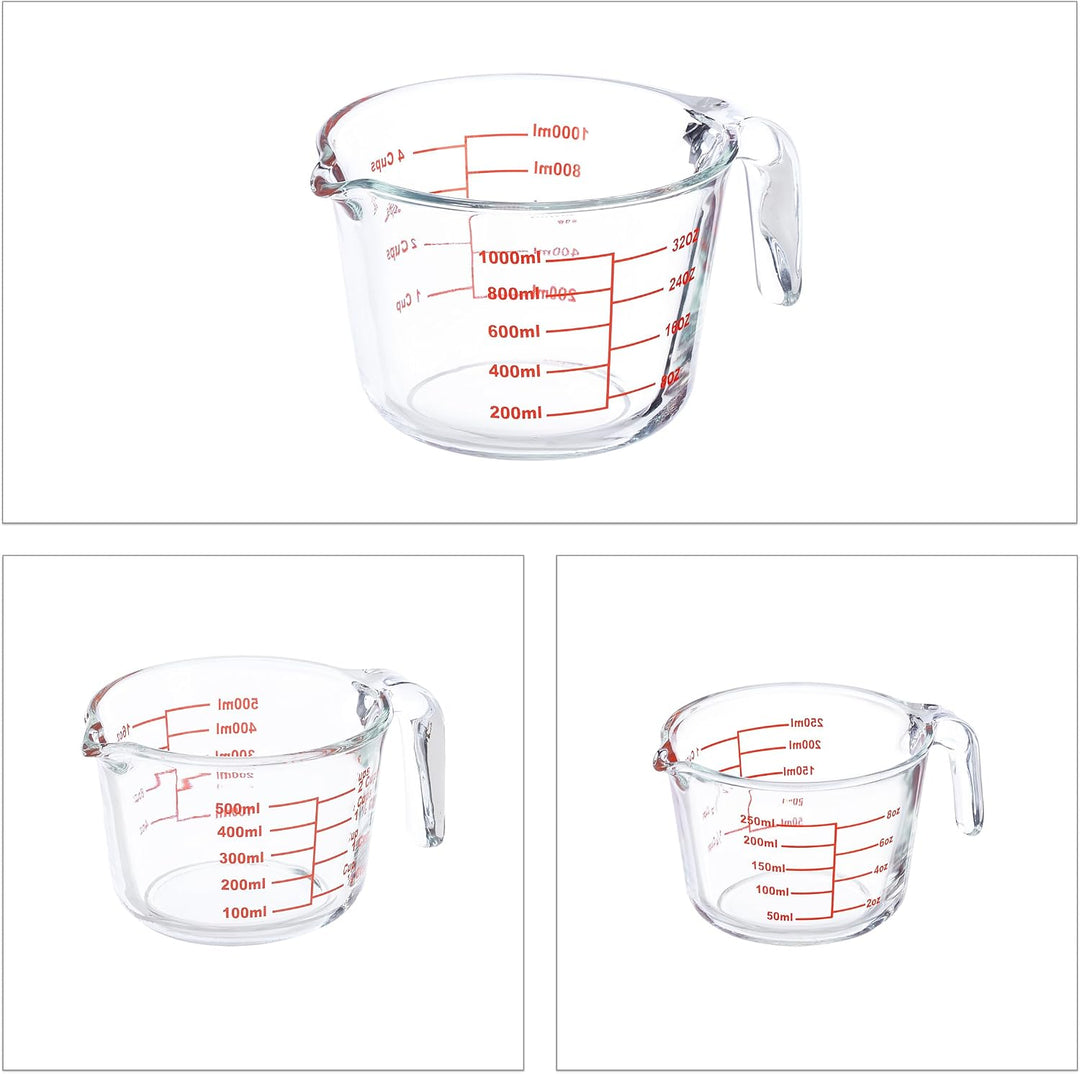 Relaxdays Messbecher Set, 3-teilig, Glasmessbecher 250 ml, 500 ml, 1l, hitzebeständig, mikrowellenge