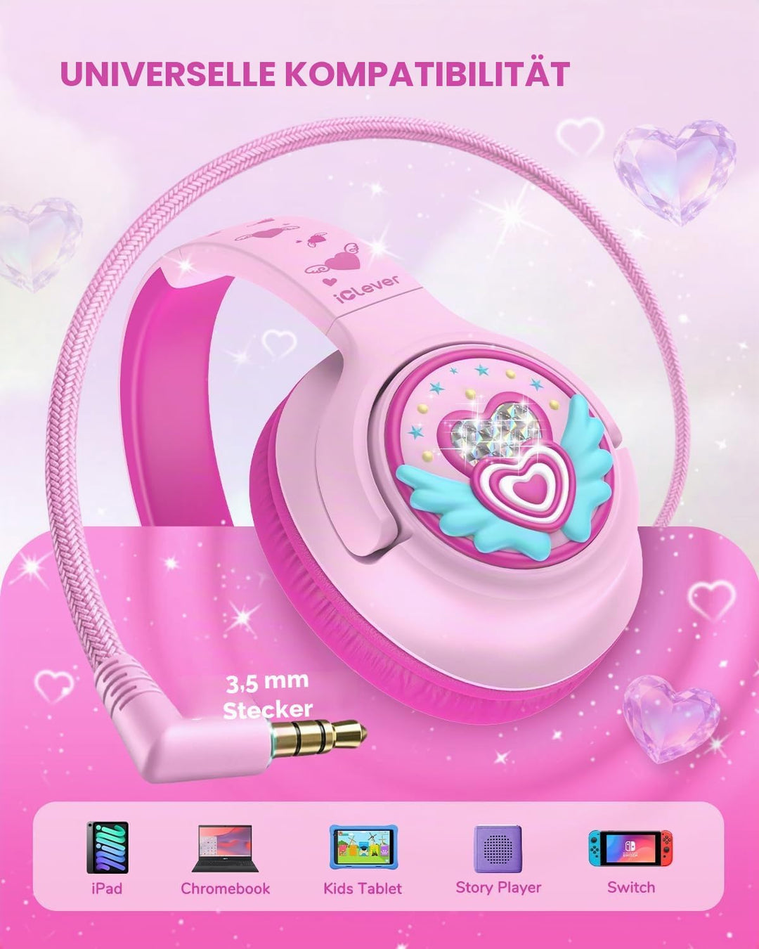 iClever Mädchen Kopfhörer Kinder mit 3,5 mm Kabel für Schule/Tablet/Reisen | SafeSound Tech 3.0, Ste