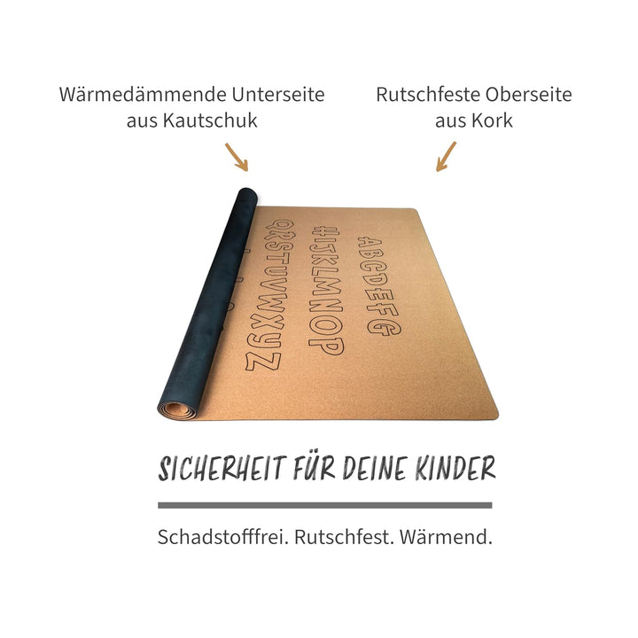 Secoroco Spielmatte aus Kork. Schadstofffreie Krabbelmatte für Babys und Kinder. Buchstaben und Zahl