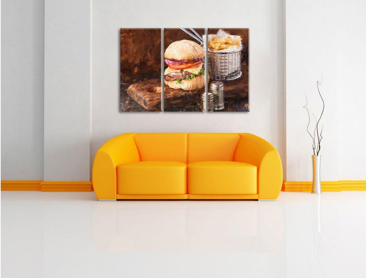 Pixxprint Cheesburger mit Pommes als Leinwandbild/Grösse: 3 Teilig (120x80) cm/Wandbild/Kunstdruck/f