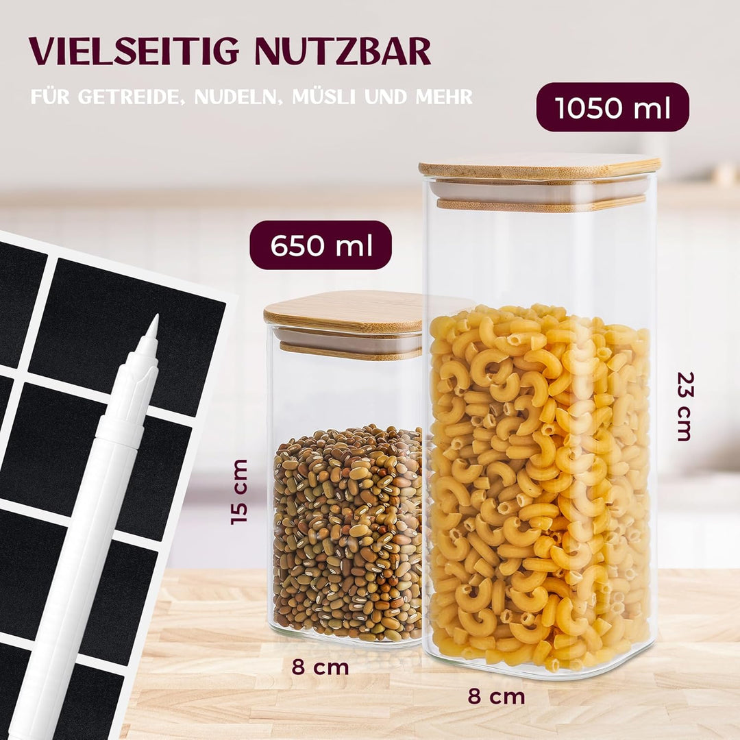 Premium Vorratsgläser eckig [650 & 1050 ml] Extra Robust | Vorratsdosen Glas mit Deckel | Vorratsbeh