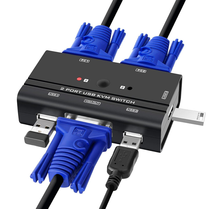 TCNEWCL 2 Port KVM Switch VGA mit 2-in-1 Kabel, VGA USB KVM Switcher 2 PCs 1 Monitor, mit 3 USB 2.0