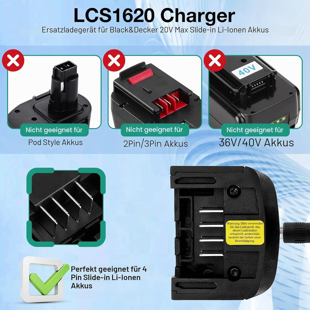 Li-ion Akku Ladegerät Ersatz LCS1620 Kompatibel mit Black &amp; Decker Lithium-Akku 10,8V/14,4V/20V, LB2