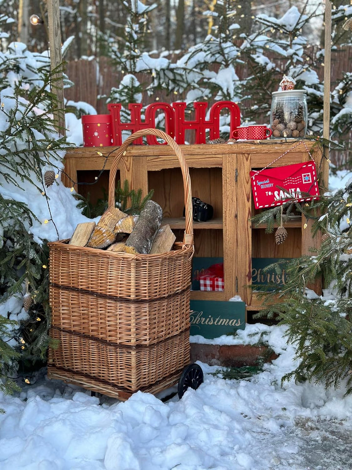 Kaminholzkorb auf Rollen Trolley fahrbar aus Vollweide Kaminkorb Halbrund Rollkorb aus Weide für Kam