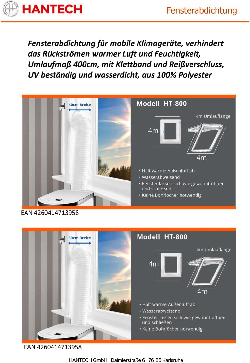 Fensterabdichtung für Mobile Klimageräte mit 400cm Umlaufmass, Klettband & Reissverschluss, UV-bestä