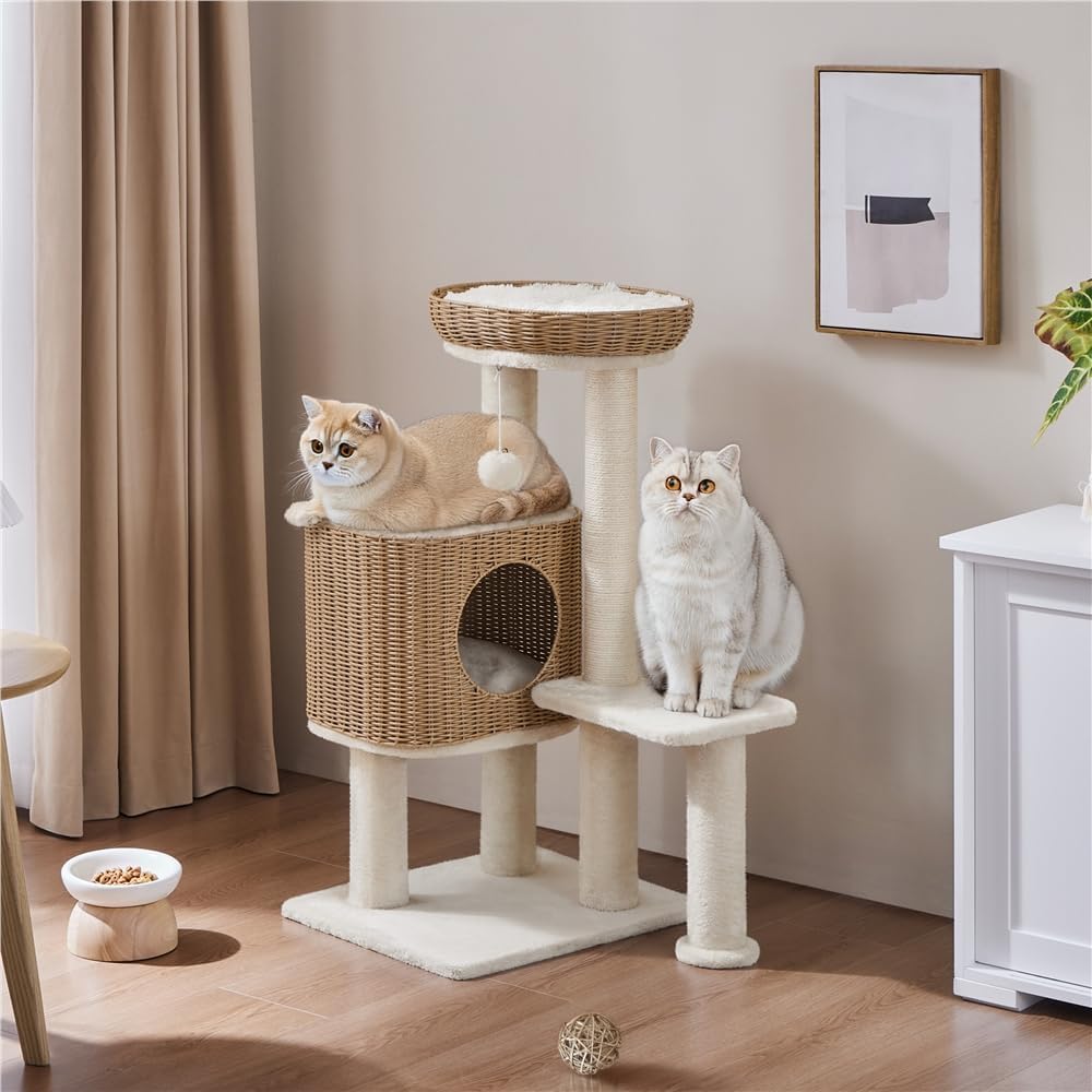 Yaheetech Kratzbaum Rattan Kletterbaum für grosse Katze bis 10 Kg, Stabiler Katzenbaum 91cm mit gros