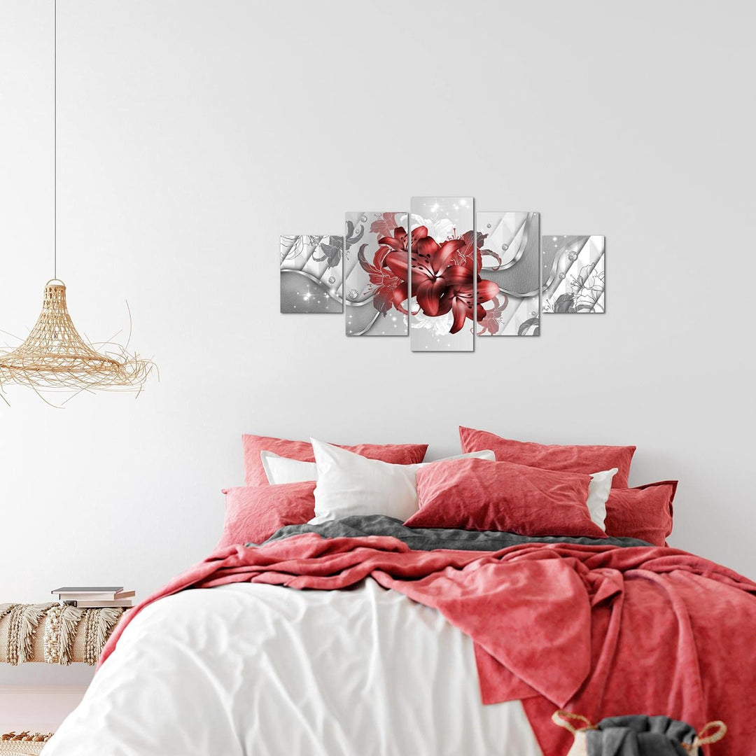 Runa Art Wandbilder Blumen Lilien 5 Teilig Bild auf Vlies Leinwand Deko Wohnzimmer Abstrakt Rot Weis