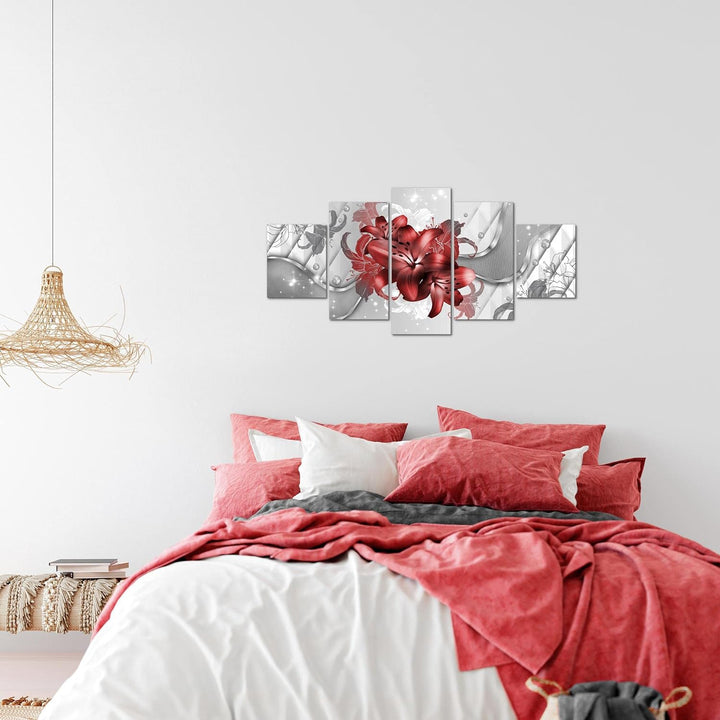 Runa Art Wandbilder Blumen Lilien 5 Teilig Bild auf Vlies Leinwand Deko Wohnzimmer Abstrakt Rot Weis
