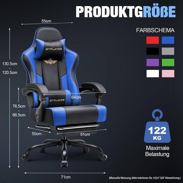 GTPLAYER Gaming Stuhl Chair Gamer Sessel - Ergonomischer Gamer Stuhl mit Fussstütze Kopfstütze und L