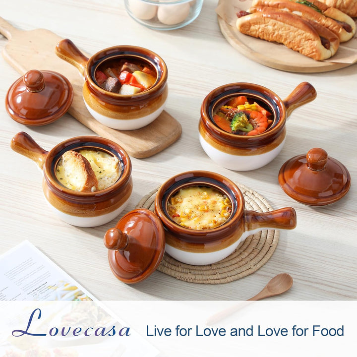 LOVECASA Französische Zwiebel, French Onion Soup Crocks, 4 Stück Steingut Zwiebelsuppe Schalen Set,