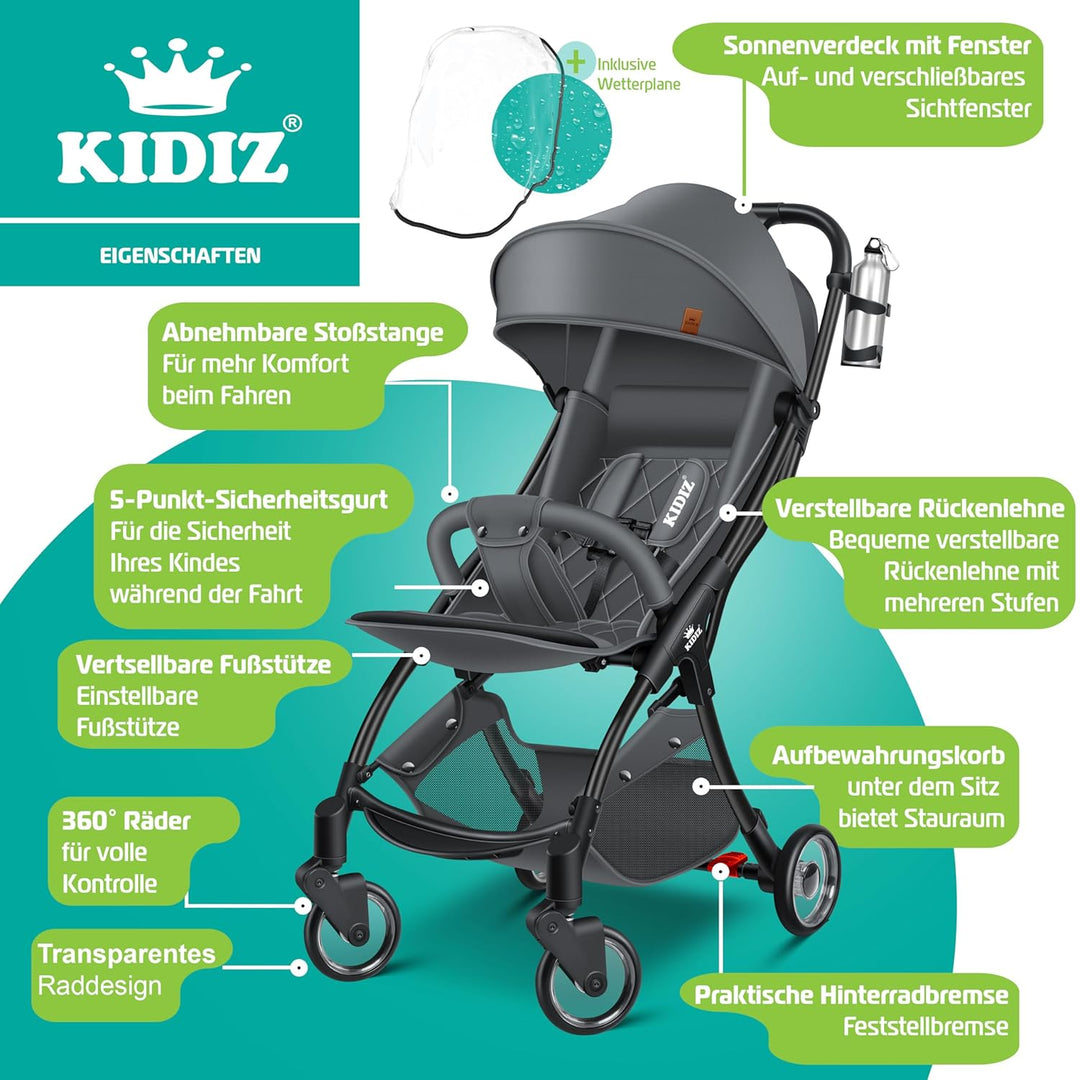 KIDIZ® Kinderwagen Premium Kinderbuggy klappbar Liegebuggy Sportwagen Faltbar 360°Räder 5-Punkt Gurt