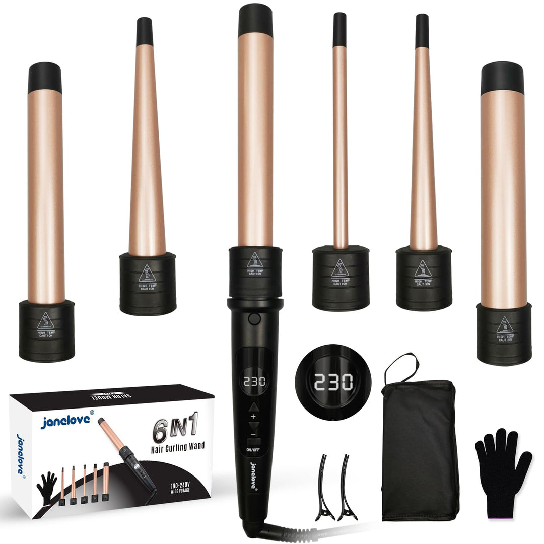 9-32mm Lockenstab mit Verschiedenen Aufsätzen - janelove 6 in 1 Lockenstab für Kurze Haare Grosse Lo
