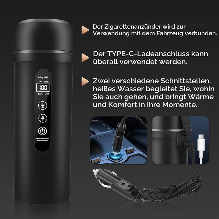 12V/24V Auto Reise Elektrischer Wasserkocher, 500ml Auto Wasserkocher mit Anti-Spill Deckel, 316 Ede