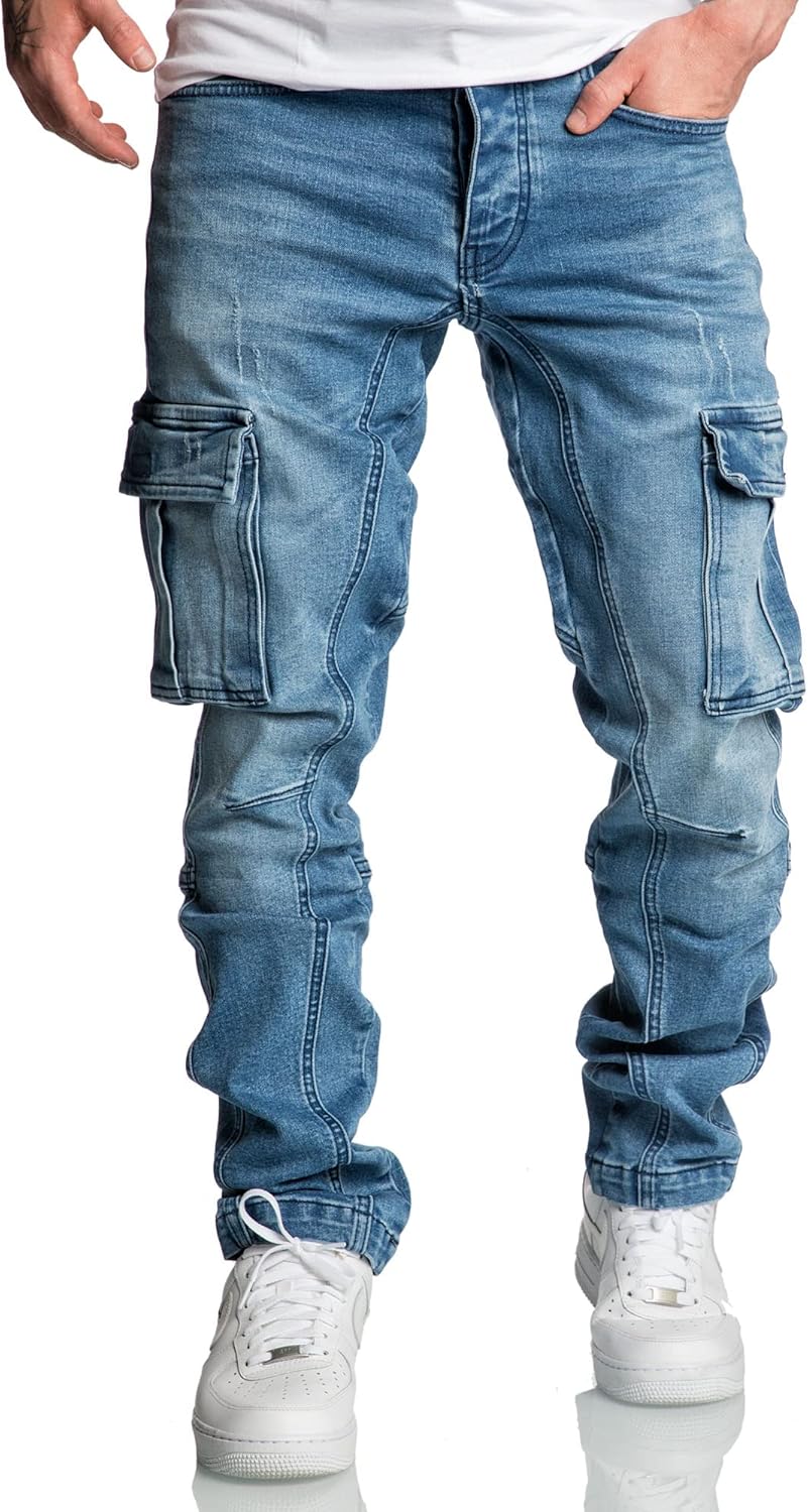 Amaci&Sons Herren Cargo Jeans Regular Slim Denim Hose Destroyed 7977 29W / 32L Hellblau, 29W / 32L H