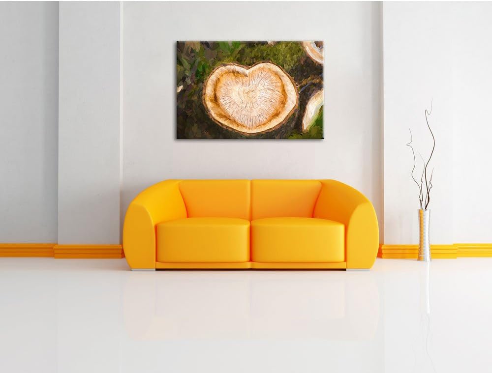 Pixxprint Herzförmige Jahresringe am Baumstamm Kunst Pinsel Effekt, Format: 100x70 auf Leinwand, rie