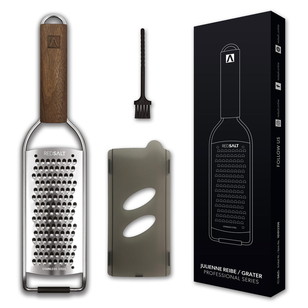 REDSALT® Premium Parmesanreibe mit Holzgriff | rasiermesserscharfe Profi Julienne Edelstahl Reibe fü