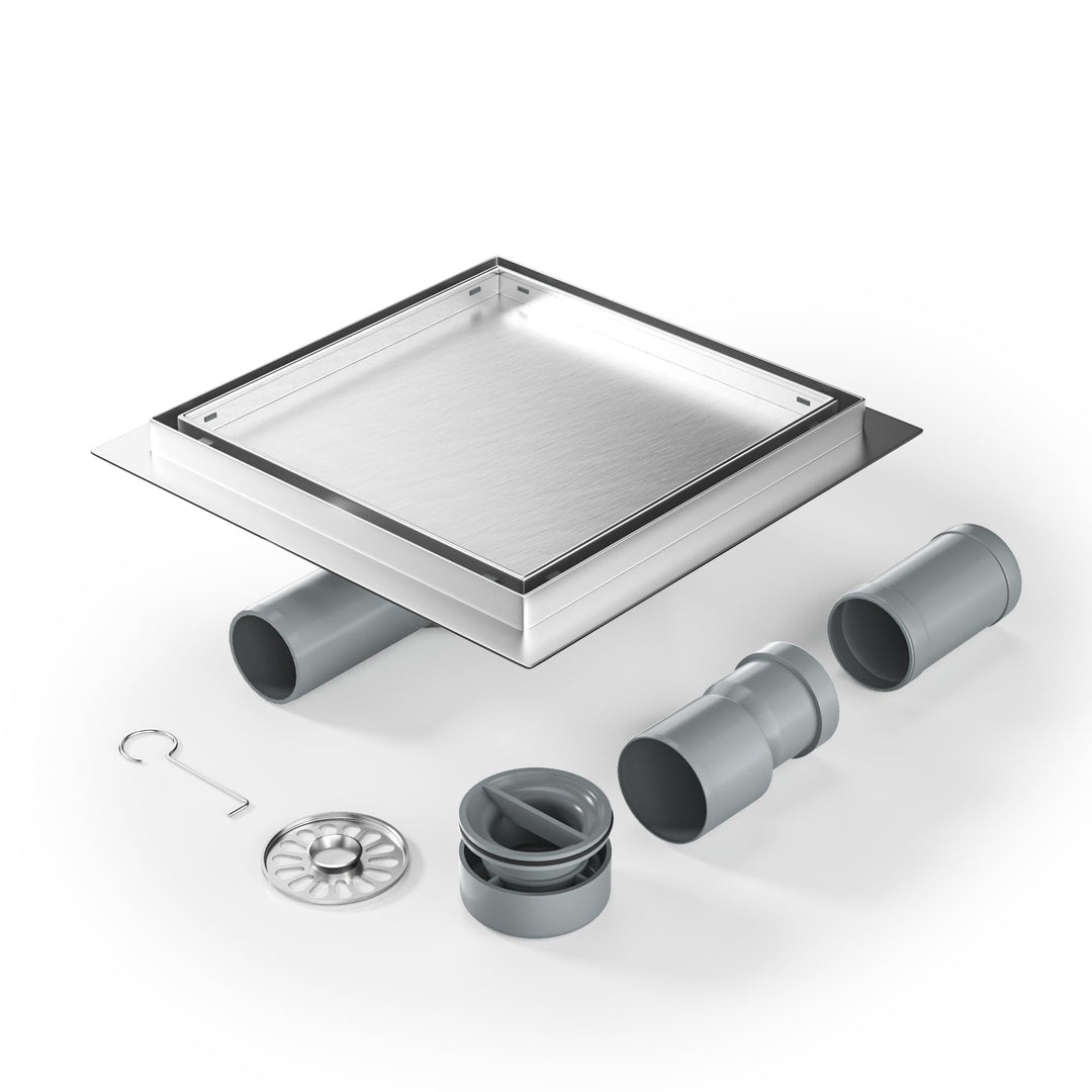 Duschrinne Quadrat 20 * 20cm, 360° Siphon mit Geruchsstop und Haarsieb 2 in1 Befliesbar Edelstahl Ab
