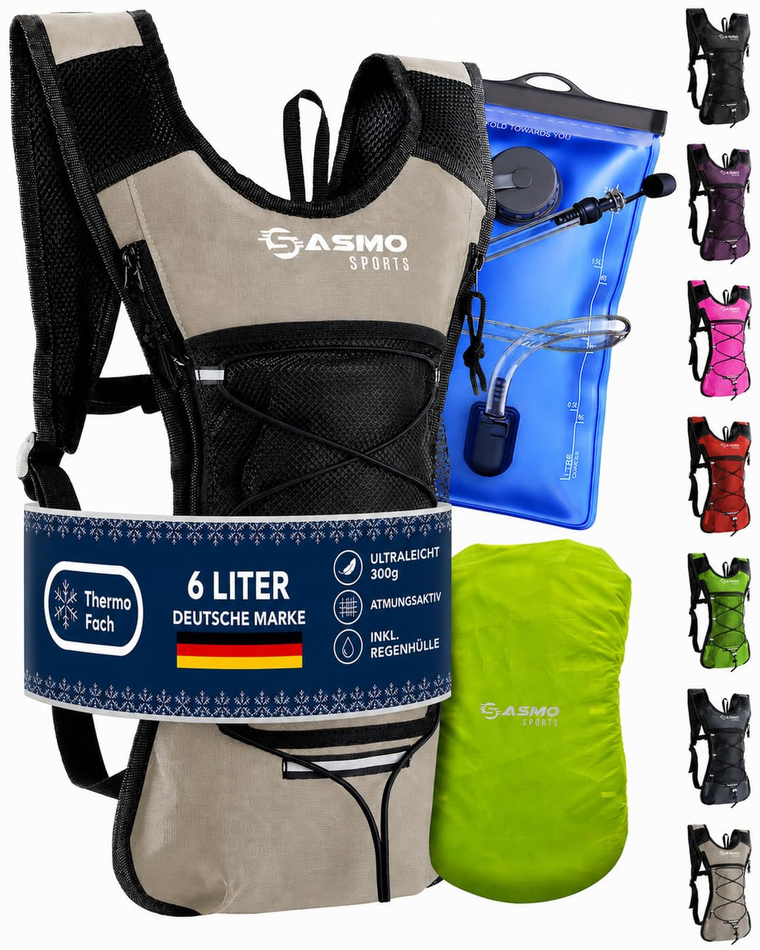 SASMO® Trinkrucksack (Sand) mit Thermofach | Trinkrucksack Laufen - Ultraleicht 300g & 6L | Laufruck