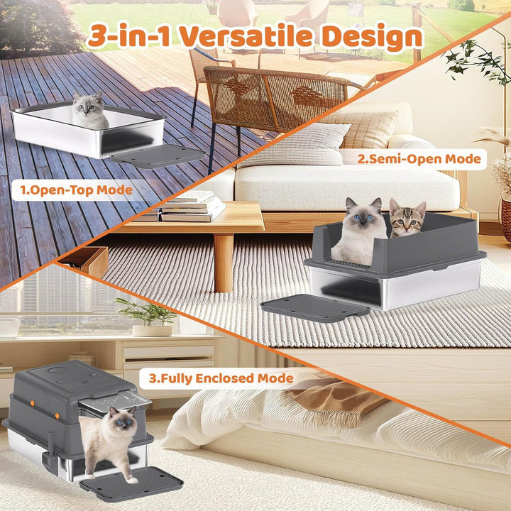 Homegroove XXXL Katzenklo Edelstahl mit Deckel, 70x50x45 Extra Grosses Katzenklo mit Schaufel &amp; Fuss