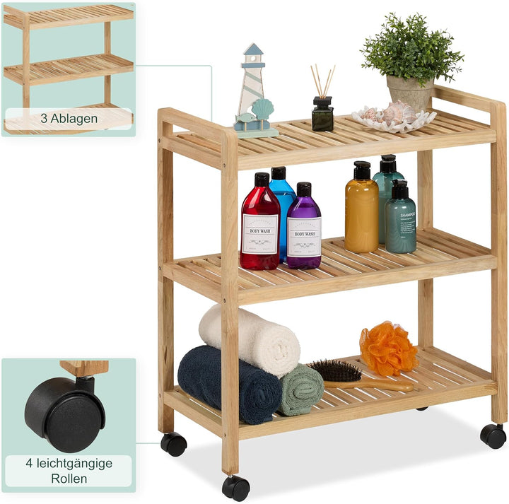 Relaxdays Badregal, Holz, HxBxT: 72 x 65 x 31 cm, Holzregal mit Rollen, 3 Ablagen, Regal für Badezim