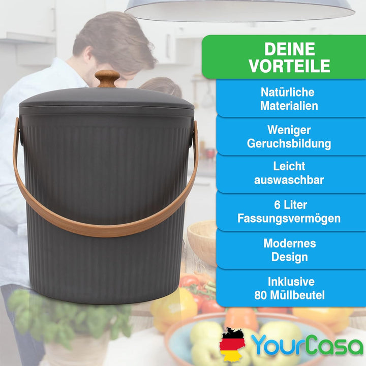 YourCasa® Komposteimer Küche - 6L - für alltäglichen Biomüll - abwaschbar - Biomülleimer Küche - nac