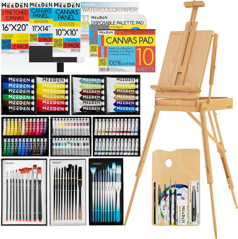 MEEDEN 149Pcs Malen Set, Deluxe Malen Zubehör mit Französisch Staffelei, Öl Aquarell Gouache Acryl F