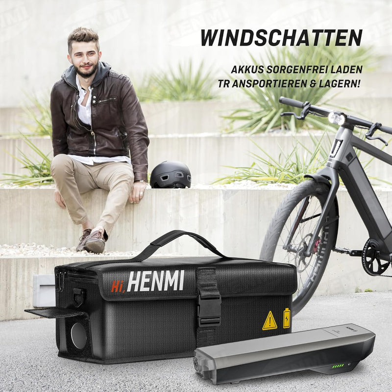 HENMI Ebike Akku Tasche, 1000 °C Feuerfest Zum Sicheren Lagern, Transportieren, Laden, 41 x 13 x 12