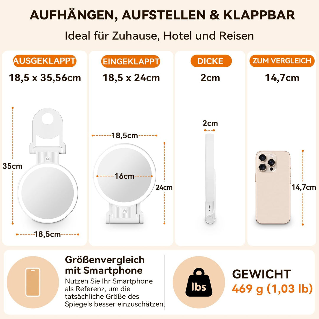 Auxmir Kosmetikspiegel mit Beleuchtung, 20X/1X Doppelseitig Schminkspiegel mit Licht, Dimmbar Spiege