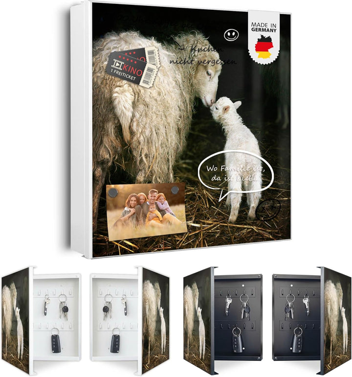 banjado® Grosser Schlüsselkasten Glas/Schlüsselbox 30cm x 30cm mit 50 Haken - Motiv Schaf Und Lamm/S