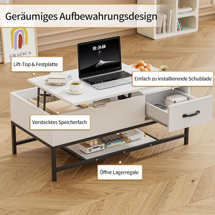 BonVache Couchtisch Höhenverstellbarer, Sofatisch, Beistelltisch mit Ablage, Wohnzimmertisch, Kaffee