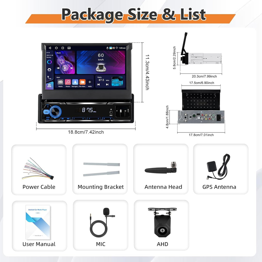 Single Din 4GB+64GB Autoradio mit kabellosem CarPlay Android Auto, 7" Flip Out 1 Din Car Stereo mit