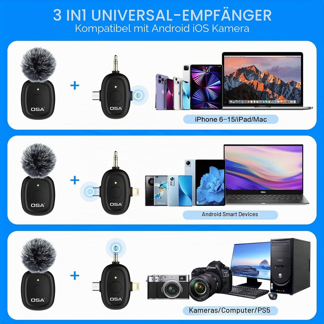 OSA 3 in 1 lavalier mikrofon für Kamera,IOS,Android,und Laptop, 2.4G Ultra Low Delay 8H Lange Arbeit