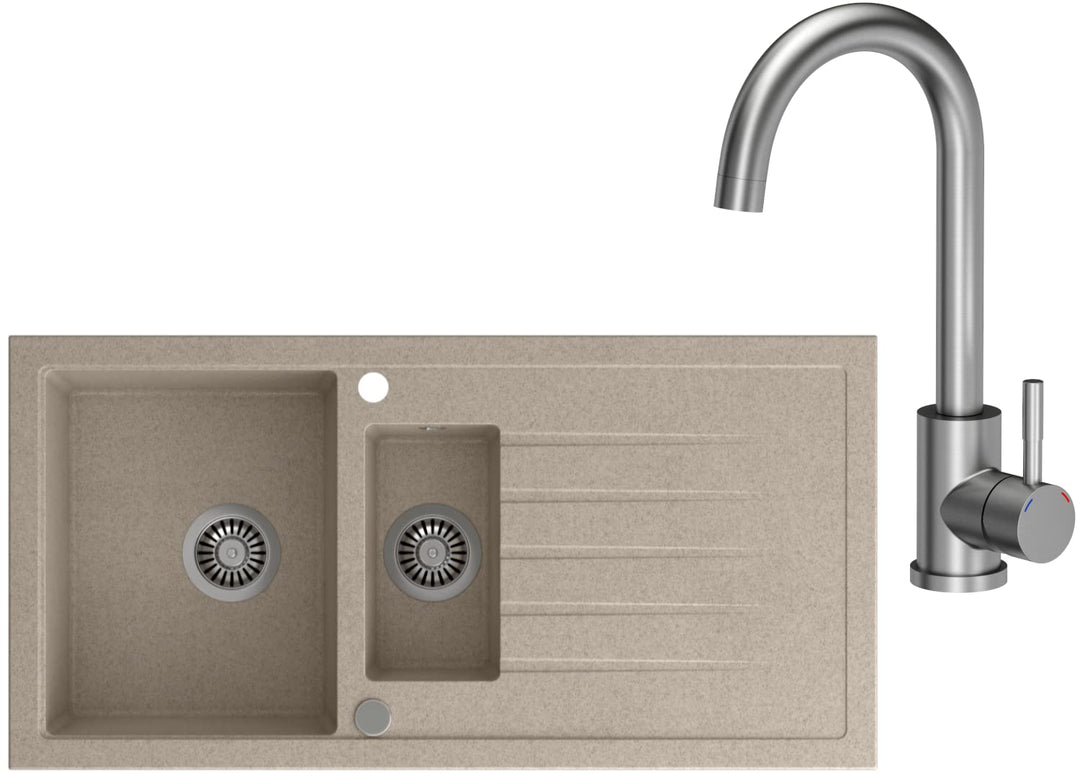 VBChome Spülbecken mit Armatur 100 x 50 cm Einzelbecken Beige Granit Rechteckig Reversibel Einbauspü